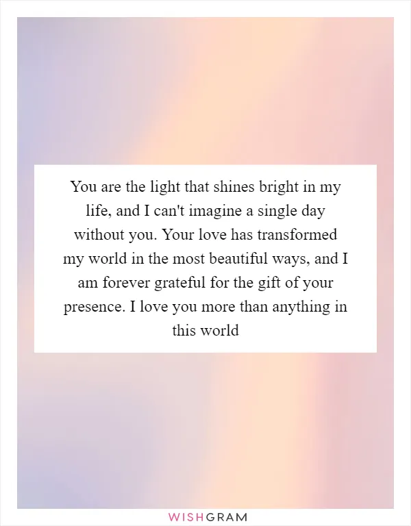 You are the light that shines bright in my life, and I can't imagine a single day without you. Your love has transformed my world in the most beautiful ways, and I am forever grateful for the gift of your presence. I love you more than anything in this world