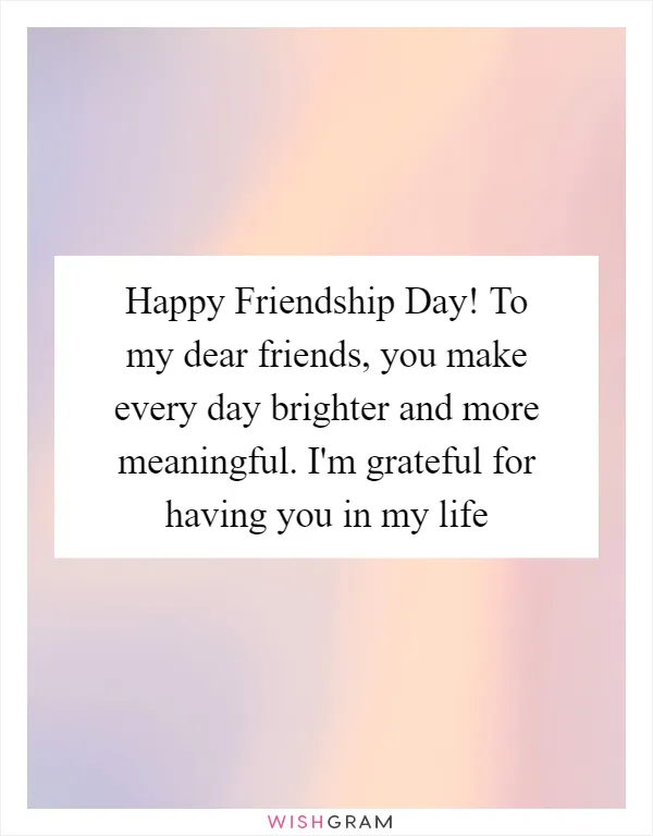 Happy Friendship Day! To my dear friends, you make every day brighter and more meaningful. I'm grateful for having you in my life
