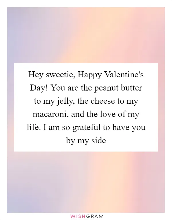 Hey sweetie, Happy Valentine's Day! You are the peanut butter to my jelly, the cheese to my macaroni, and the love of my life. I am so grateful to have you by my side