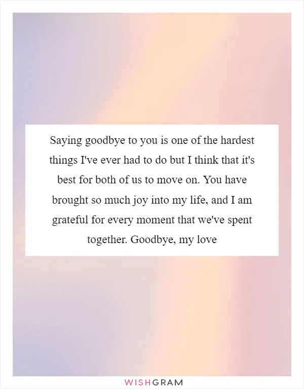 Saying goodbye to you is one of the hardest things I've ever had to do but I think that it's best for both of us to move on. You have brought so much joy into my life, and I am grateful for every moment that we've spent together. Goodbye, my love