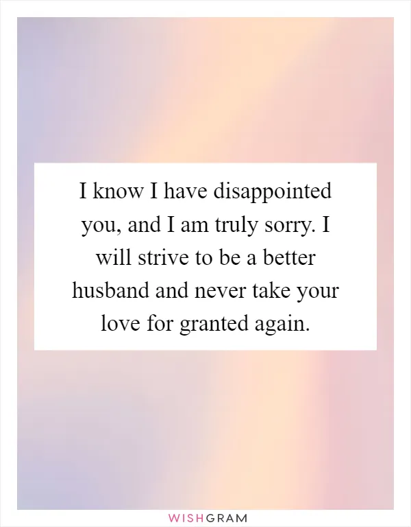 I know I have disappointed you, and I am truly sorry. I will strive to be a better husband and never take your love for granted again