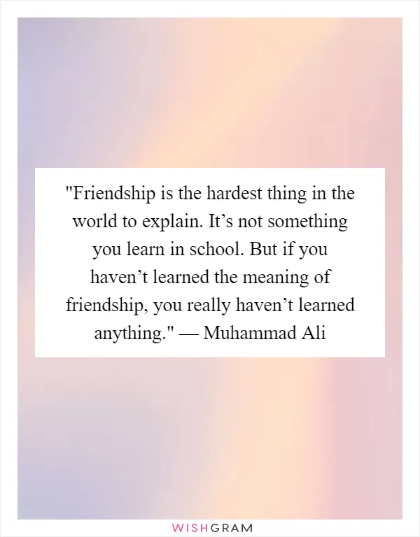 Friendship is the hardest thing in the world to explain. It’s not something you learn in school. But if you haven’t learned the meaning of friendship, you really haven’t learned anything." — Muhammad Ali