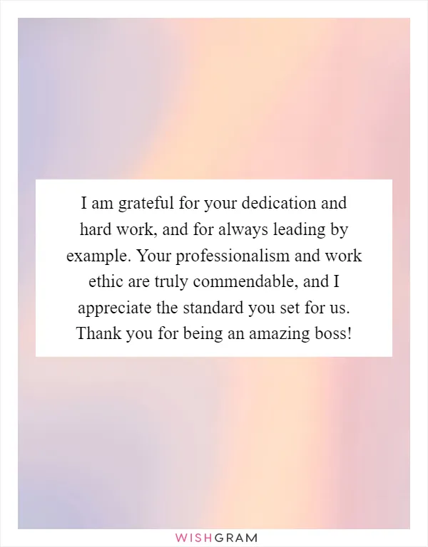 I am grateful for your dedication and hard work, and for always leading by example. Your professionalism and work ethic are truly commendable, and I appreciate the standard you set for us. Thank you for being an amazing boss!