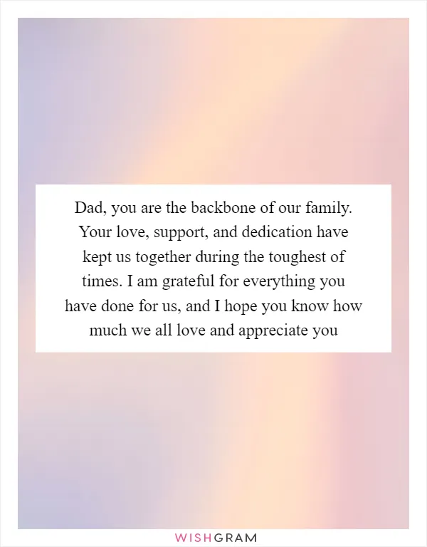 Dad, you are the backbone of our family. Your love, support, and dedication have kept us together during the toughest of times. I am grateful for everything you have done for us, and I hope you know how much we all love and appreciate you