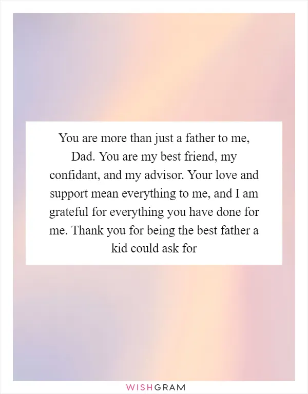 You are more than just a father to me, Dad. You are my best friend, my confidant, and my advisor. Your love and support mean everything to me, and I am grateful for everything you have done for me. Thank you for being the best father a kid could ask for