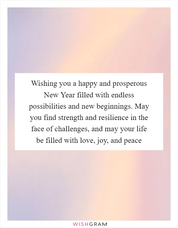 Wishing you a happy and prosperous New Year filled with endless possibilities and new beginnings. May you find strength and resilience in the face of challenges, and may your life be filled with love, joy, and peace
