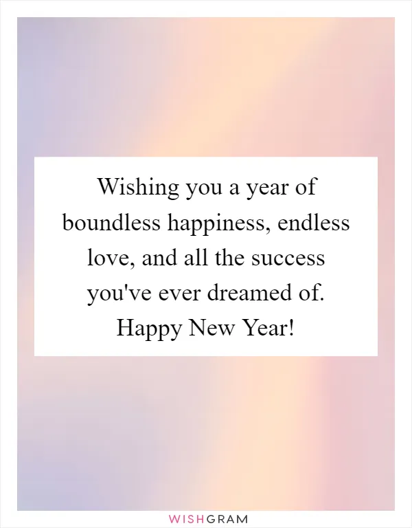 Wishing you a year of boundless happiness, endless love, and all the success you've ever dreamed of. Happy New Year!