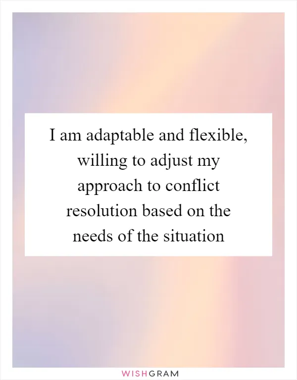 I am adaptable and flexible, willing to adjust my approach to conflict resolution based on the needs of the situation