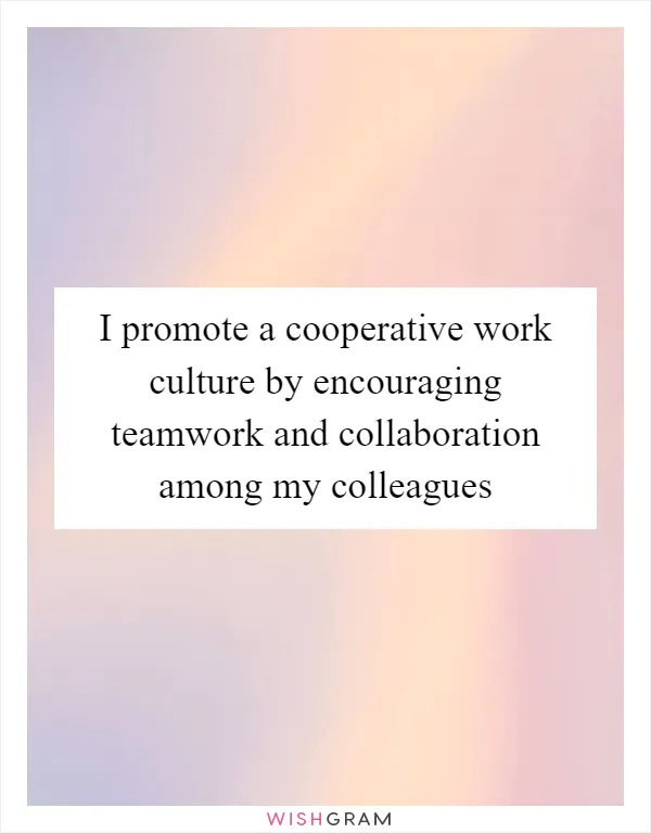 I promote a cooperative work culture by encouraging teamwork and collaboration among my colleagues