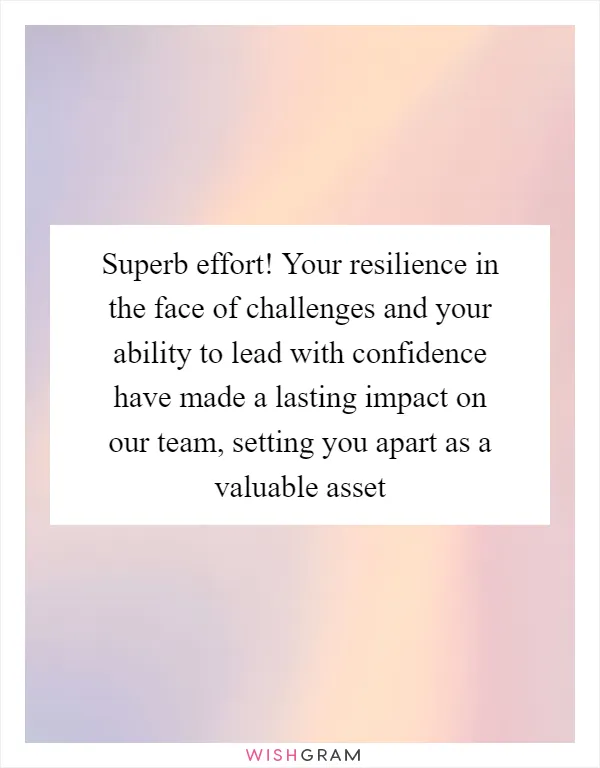 Superb effort! Your resilience in the face of challenges and your ability to lead with confidence have made a lasting impact on our team, setting you apart as a valuable asset