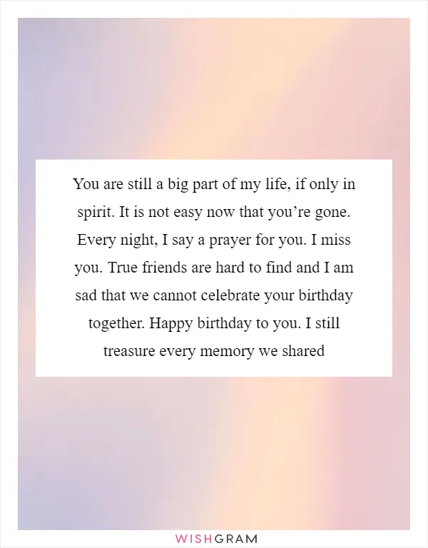 You are still a big part of my life, if only in spirit. It is not easy now that you’re gone. Every night, I say a prayer for you. I miss you. True friends are hard to find and I am sad that we cannot celebrate your birthday together. Happy birthday to you. I still treasure every memory we shared