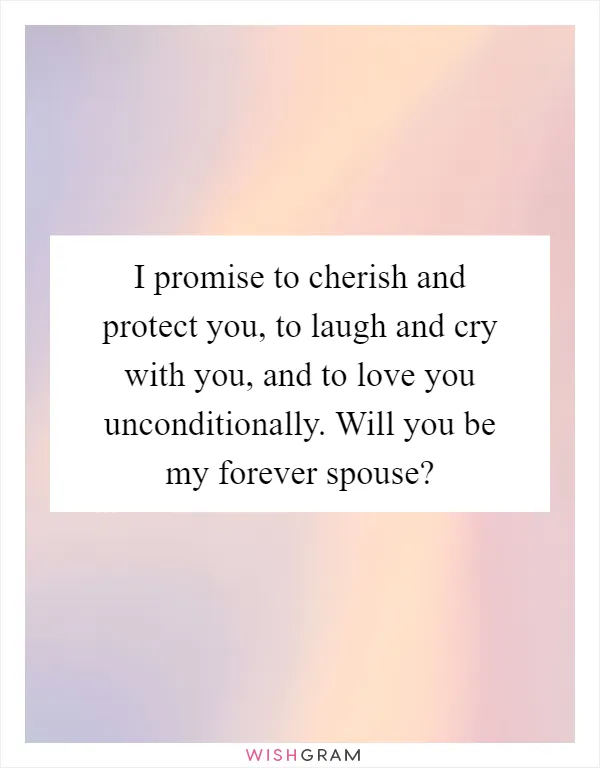 I promise to cherish and protect you, to laugh and cry with you, and to love you unconditionally. Will you be my forever spouse?